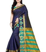 Navy blue printed cotton silk saree with blouse