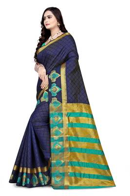 Navy blue printed cotton silk saree with blouse 2