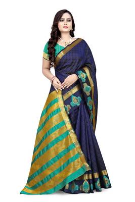 Navy blue printed cotton silk saree with blouse 3