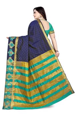Navy blue printed cotton silk saree with blouse 4