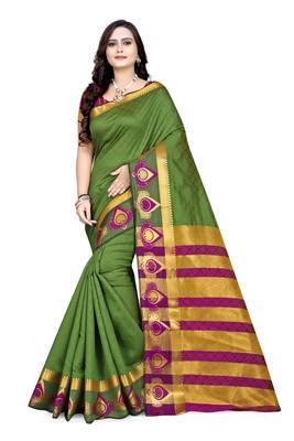 Green printed cotton silk saree with blouse 1