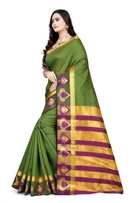 Green printed cotton silk saree with blouse 2