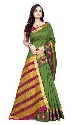 Green printed cotton silk saree with blouse 3