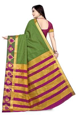 Green printed cotton silk saree with blouse 4