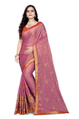 Pink embroidered chiffon saree with blouse 1