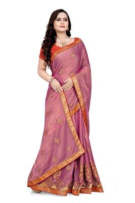 Pink embroidered chiffon saree with blouse 3