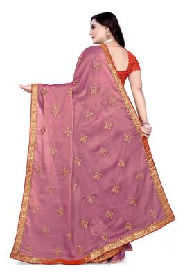 Pink embroidered chiffon saree with blouse 4