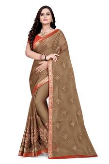 Beige embroidered chiffon saree with blouse