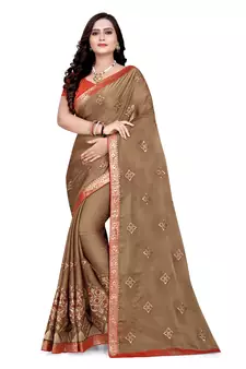 Beige embroidered chiffon saree with blouse