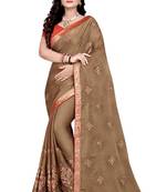 Beige embroidered chiffon saree with blouse