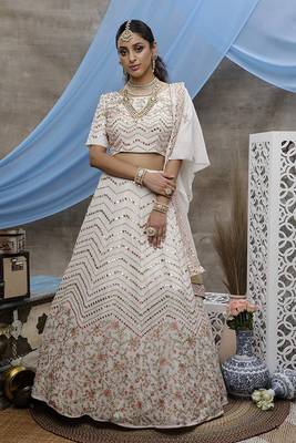 White embroidered georgette semi stitched lehenga 1