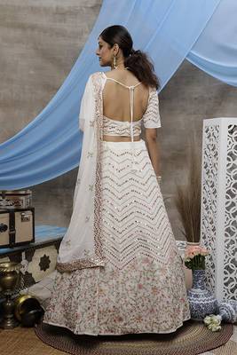 White embroidered georgette semi stitched lehenga 2