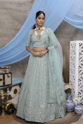 Green embroidered georgette semi stitched lehenga 1