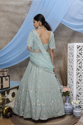 Green embroidered georgette semi stitched lehenga 2