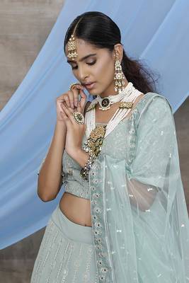 Green embroidered georgette semi stitched lehenga 3