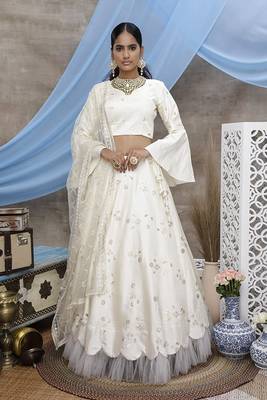 White embroidered art silk semi stitched lehenga 1