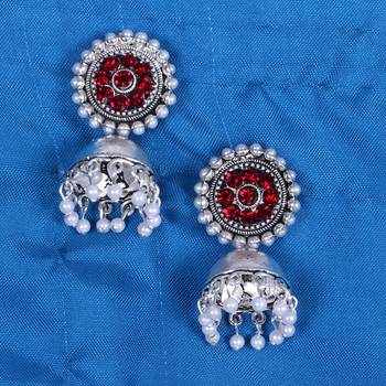 Silver Plated Jhumkas With Red Stone 1