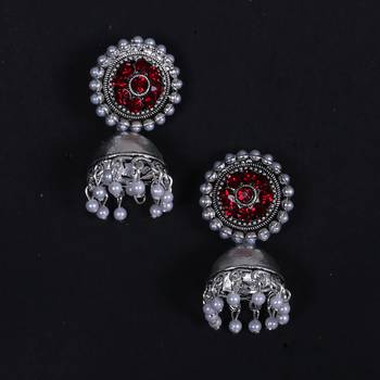 Silver Plated Jhumkas With Red Stone 2