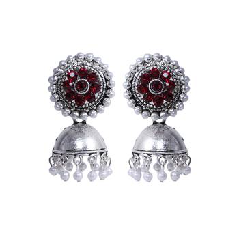 Silver Plated Jhumkas With Red Stone 3