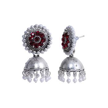 Silver Plated Jhumkas With Red Stone 4