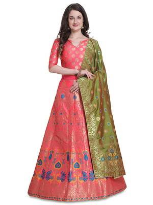 Peach jacquard jacquard semi stitched lehenga 1