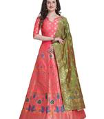 Peach jacquard jacquard semi stitched lehenga