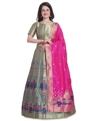 Grey jacquard jacquard semi stitched lehenga 1