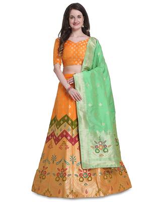 Orange jacquard jacquard semi stitched lehenga 1