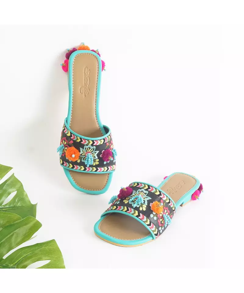 Dawn- Black Vegan leather with Pastel Heel with Turquoise with Pink Orange and Purple Pom pom