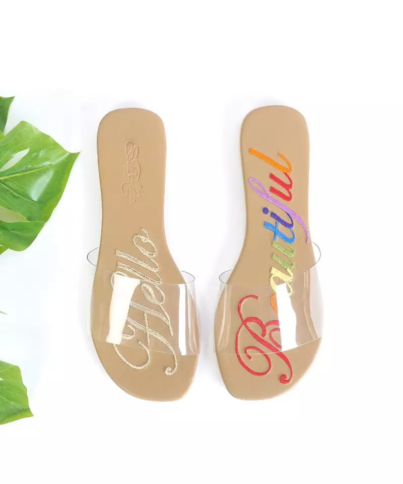 Hello Beautiful - Nude Vegan Leather with Zari and Rainbow colour embroidery and Transparent Straps .