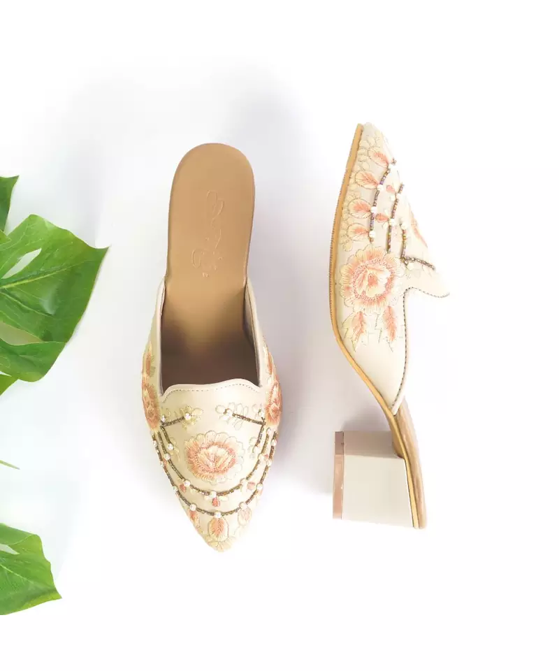 Saffron - Creme Vegan Leather with Light Saffron Two Tone embroidery eith Gold Kutdana and Pearl Embroidery