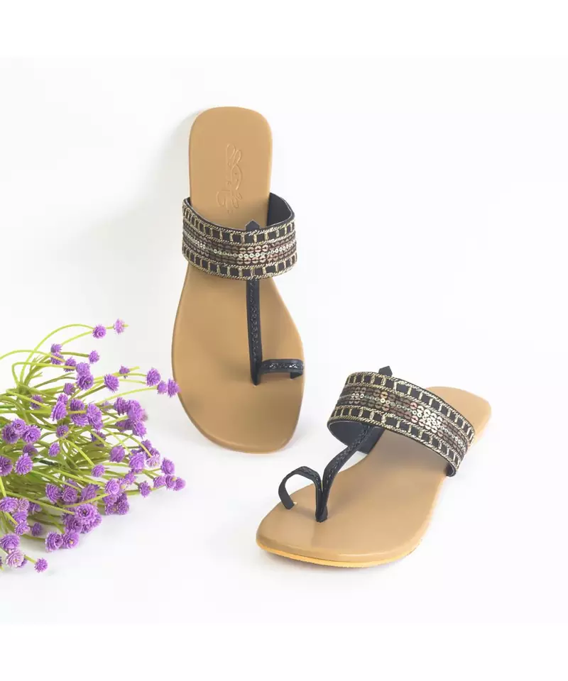 Black Stardust Kolapuri- Black Raw Silk with Gold Tikki & Zari Kolapuris