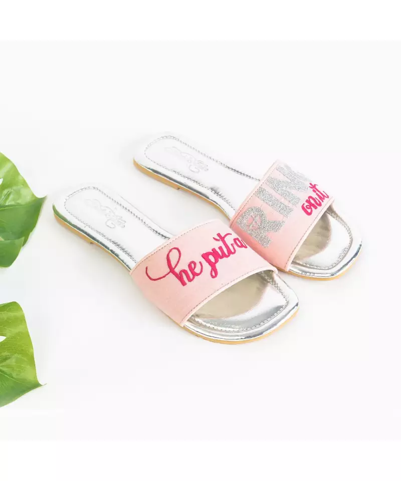 He Put a Ring - Baby Pink Flats with Fuschia Pink Embroidery and Silver Zari Diamond Ring