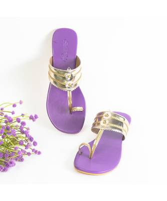 Light Gold And Purple Kolhapuri Flats 1