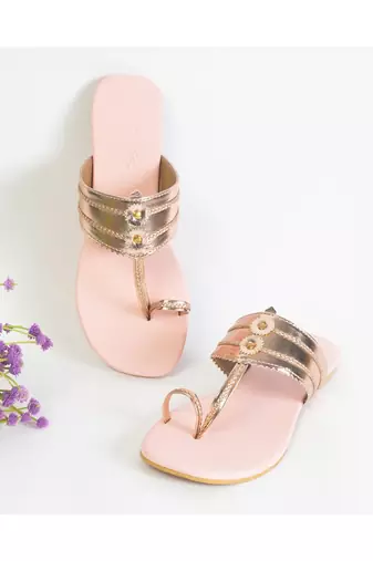 Rose Gold And Baby Pink Kolhapuri Flats