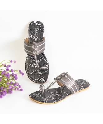 Dark Grey Snake Skin Print Kolhapuri Flats 1