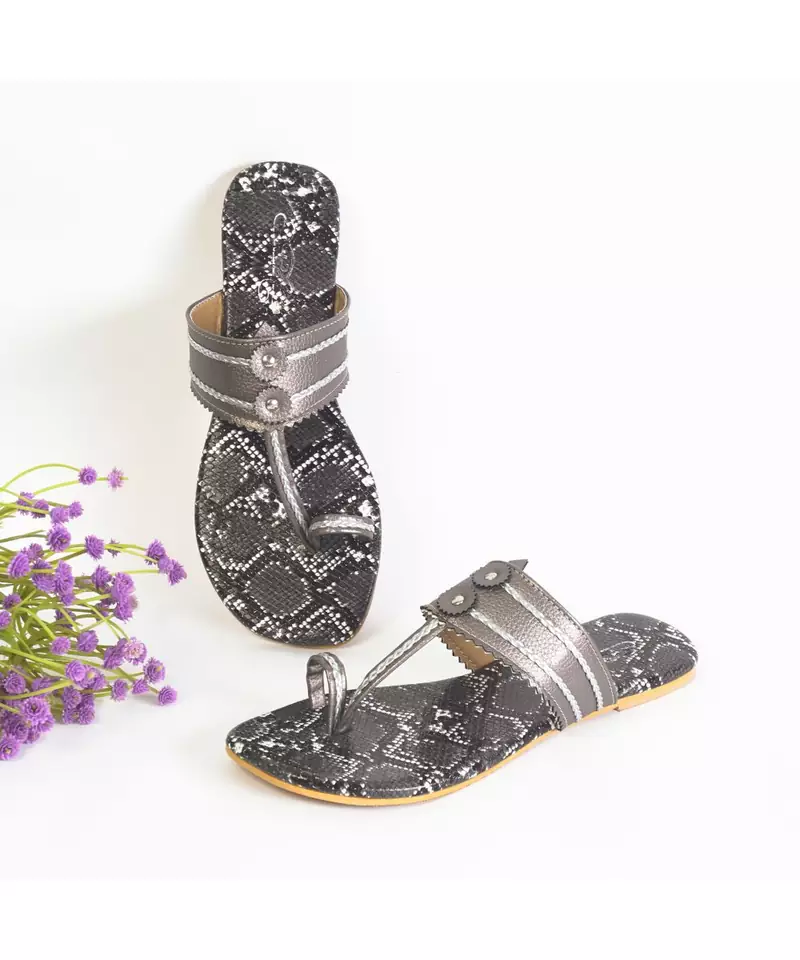 Dark Grey Kolapuri with Black and White Snake Print Sole