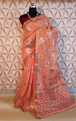 Peach printed blended cotton saree with blouse 1