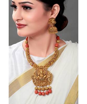 Gold Toned Earring & Necklace Set With Temple Pendant & Coral Beads 1