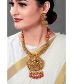 Gold Toned Earring & Necklace Set With Temple Pendant & Coral Beads