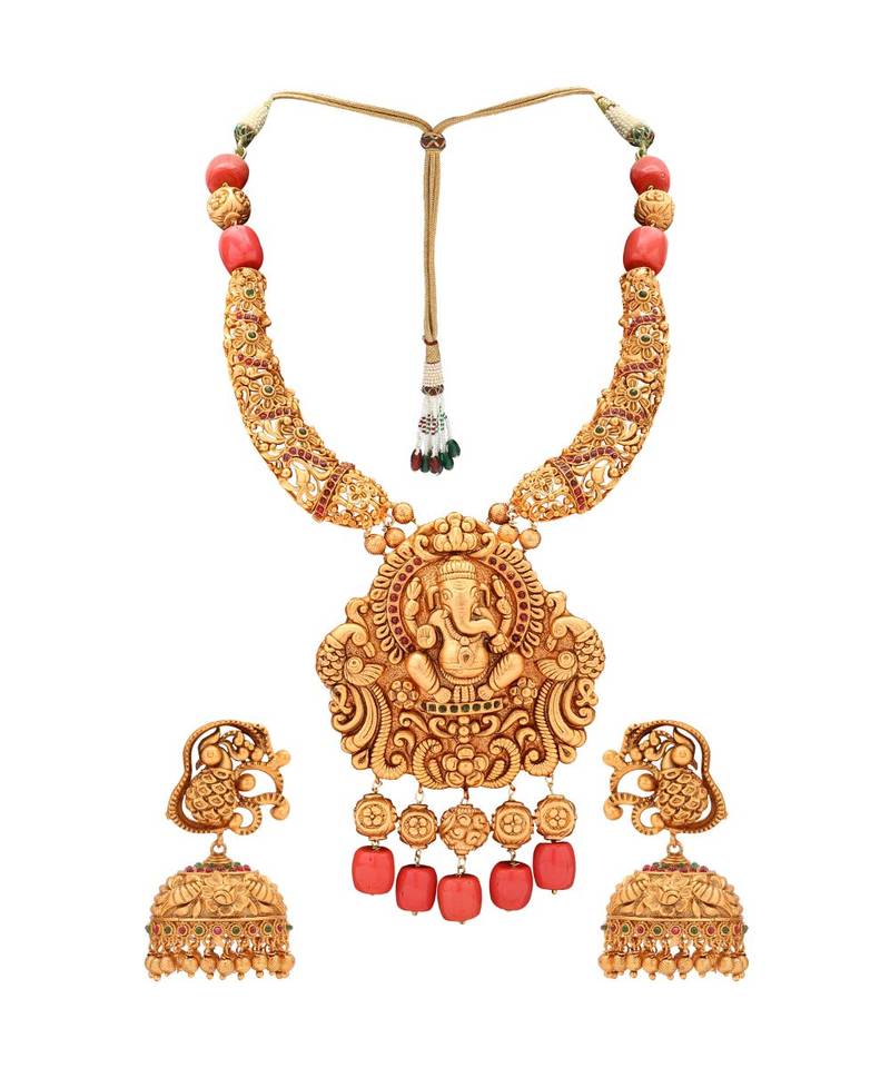 Gold Toned Earring & Necklace Set With Temple Pendant & Coral Beads