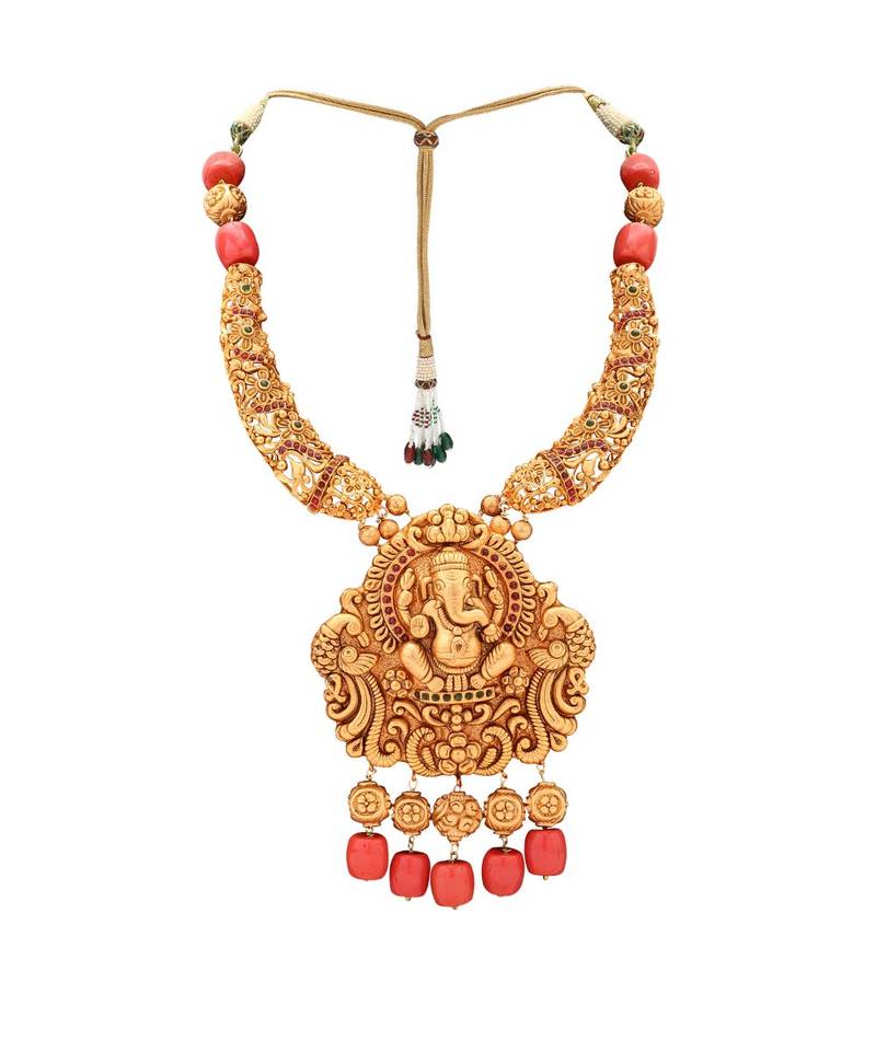 Gold Toned Earring & Necklace Set With Temple Pendant & Coral Beads