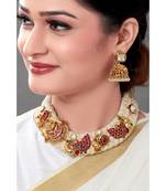 White satin layered necklace & earring set with gold toned broaches crusted with red semi precious stones.
