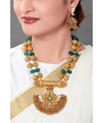 Gold Toned Temple Jewellery  Necklace  Set  With Green Semi Precious Stones 1
