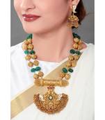 Gold Toned Temple Jewellery  Necklace  Set  With Green Semi Precious Stones