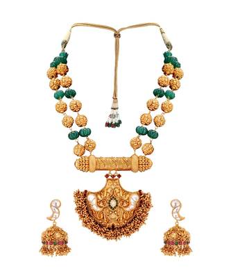 Gold Toned Temple Jewellery  Necklace  Set  With Green Semi Precious Stones 2