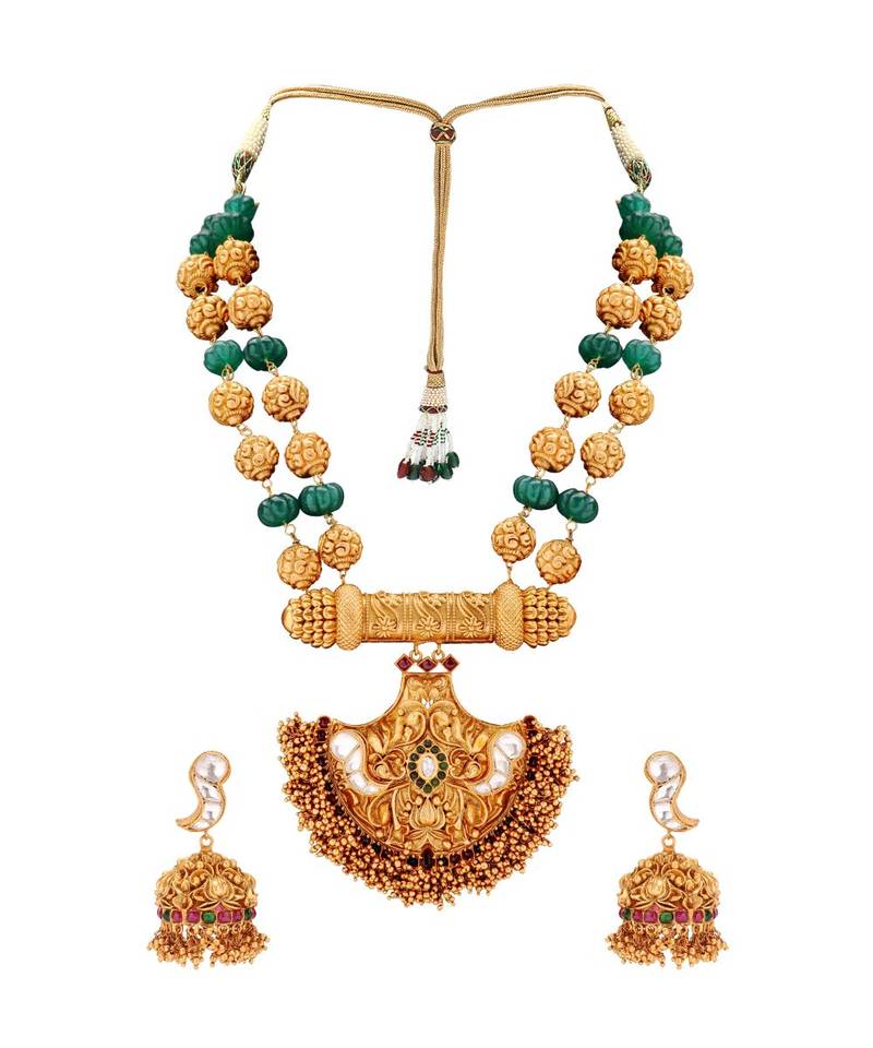 Gold Toned Temple Jewellery  Necklace  Set  With Green Semi Precious Stones