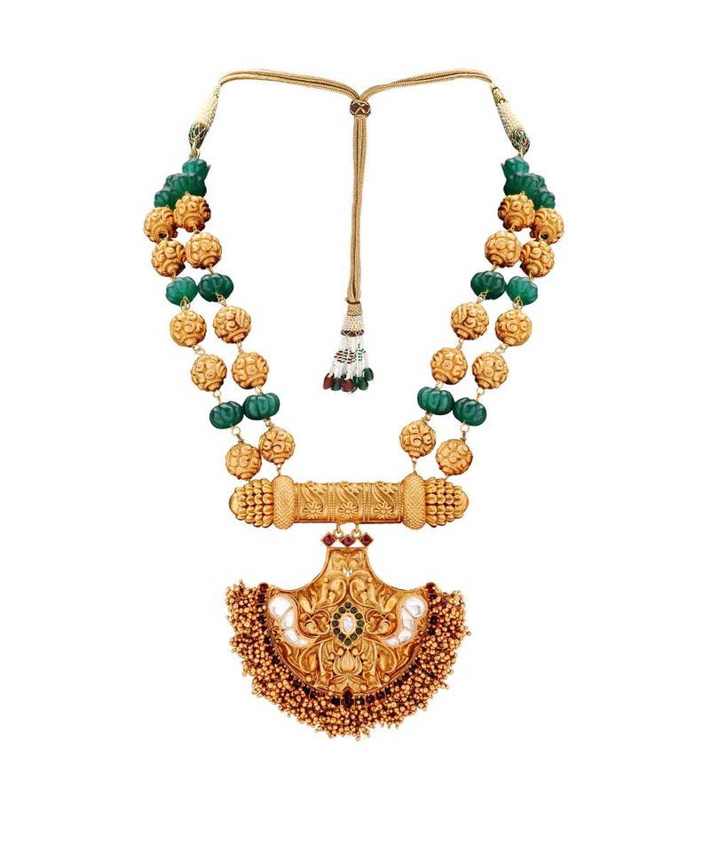 Gold Toned Temple Jewellery  Necklace  Set  With Green Semi Precious Stones