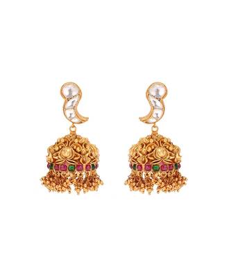 Gold Toned Temple Jewellery  Necklace  Set  With Green Semi Precious Stones 4