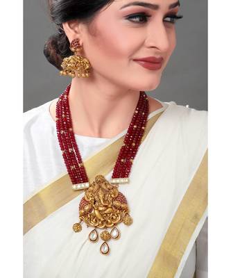 Gold Toned Earring & Necklace Set  With Kundan  & Ruby Red Semi Precious Beads 1
